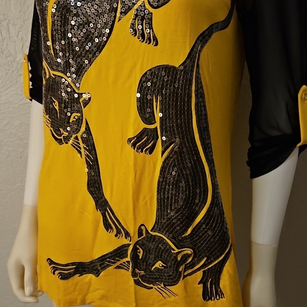 Vtg SHARIF 1827 Couture Yellow Sequin Panther Design Mesh Top - Picture 5 of 12